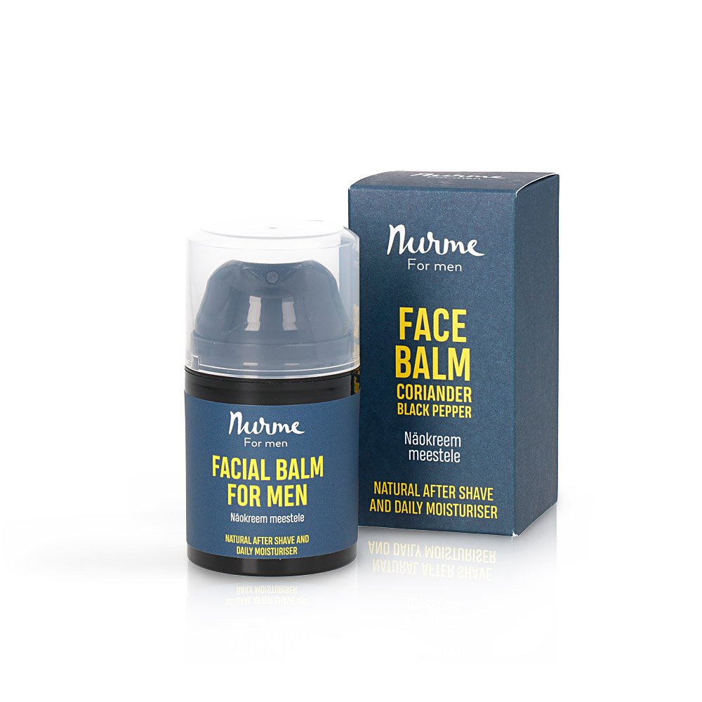 2. Nurme men's body care gift set featuring coriander black pepper shower gel and face balm, elegantly packaged with a blue ribbon
