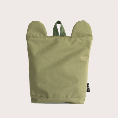 4. Back view of Muni Green Bear Backpack in studio, showing adjustable straps and chest strap