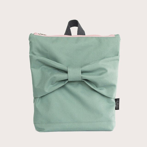4. Studio shot of Muni kids mint bow backpack showing front design with large bow
