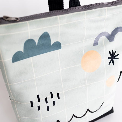 3. Close-up of Muni SKY backpack's sky pattern on velvet fabric