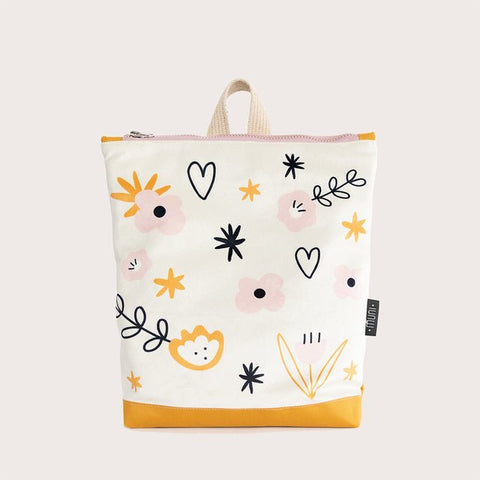 1. Kids backpack with playful flower pattern by Muni, front view in studio setting
