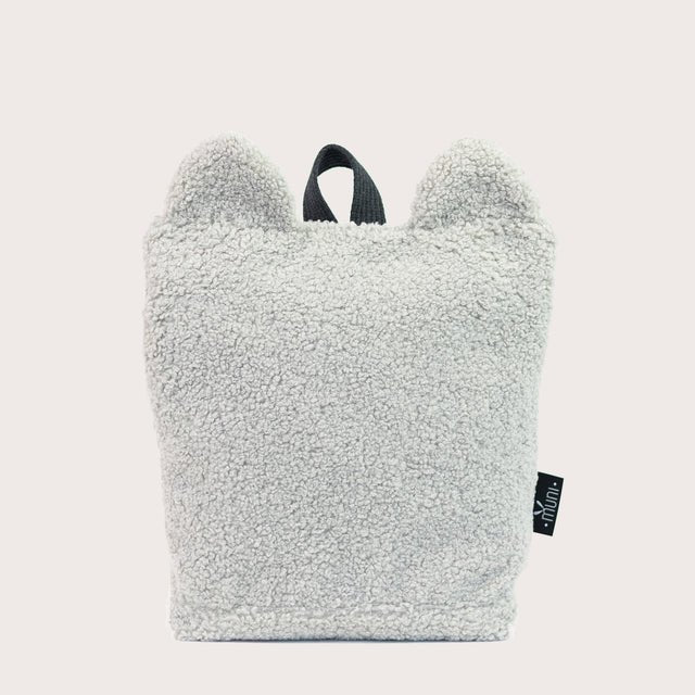 4. Muni grey teddy backpack in studio setting, featuring soft recycled polyester material and teddy bear ears