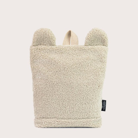 4. Studio shot of Muni beige teddy backpack with bear ears, front view
