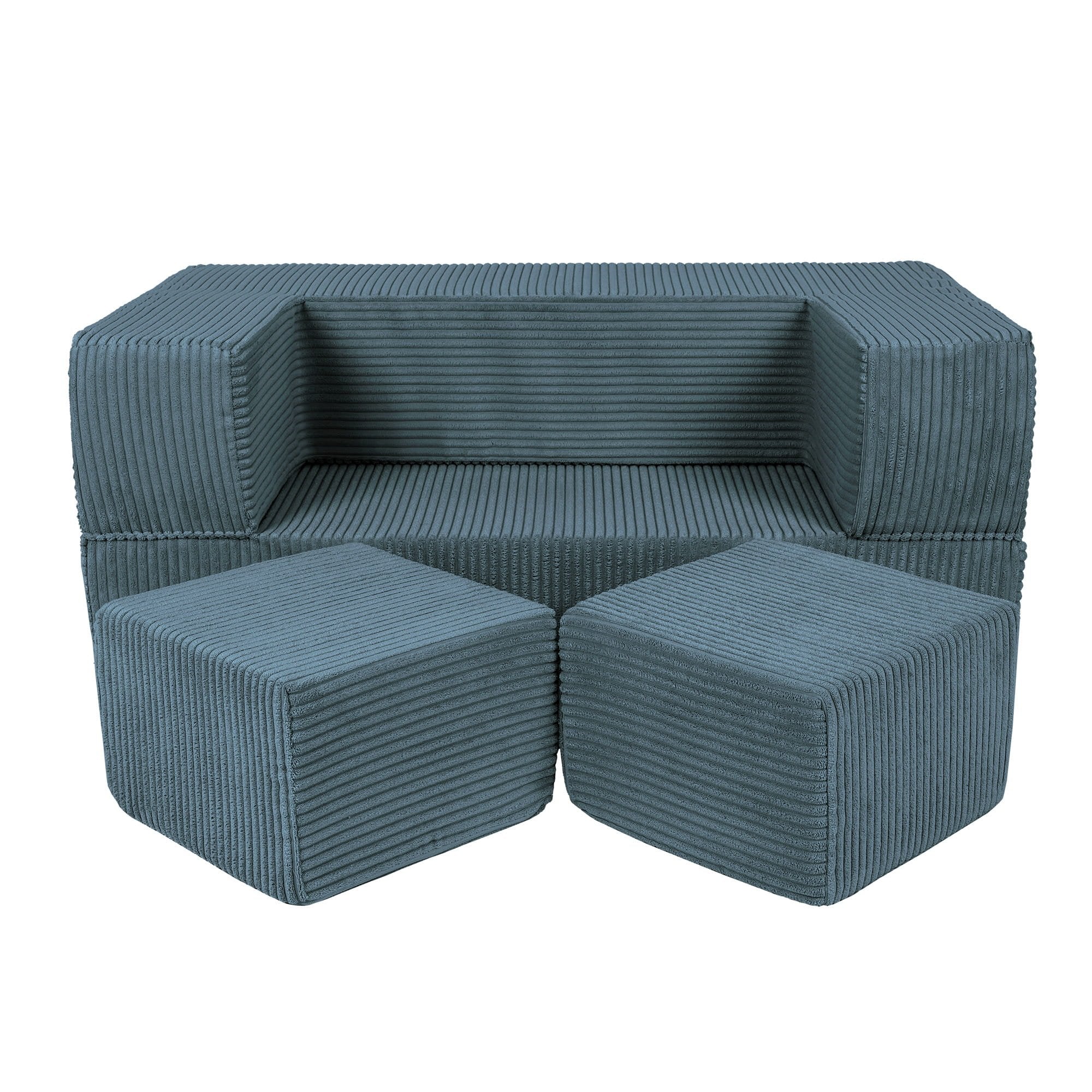 1. MeowBaby children's turquoise velvet cube sofa with two poufs in a studio setting