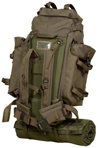 1. Galvi Linda military green backpack 114-070-03 with 80L capacity, detachable side pockets, and MOLLE straps, shown in studio