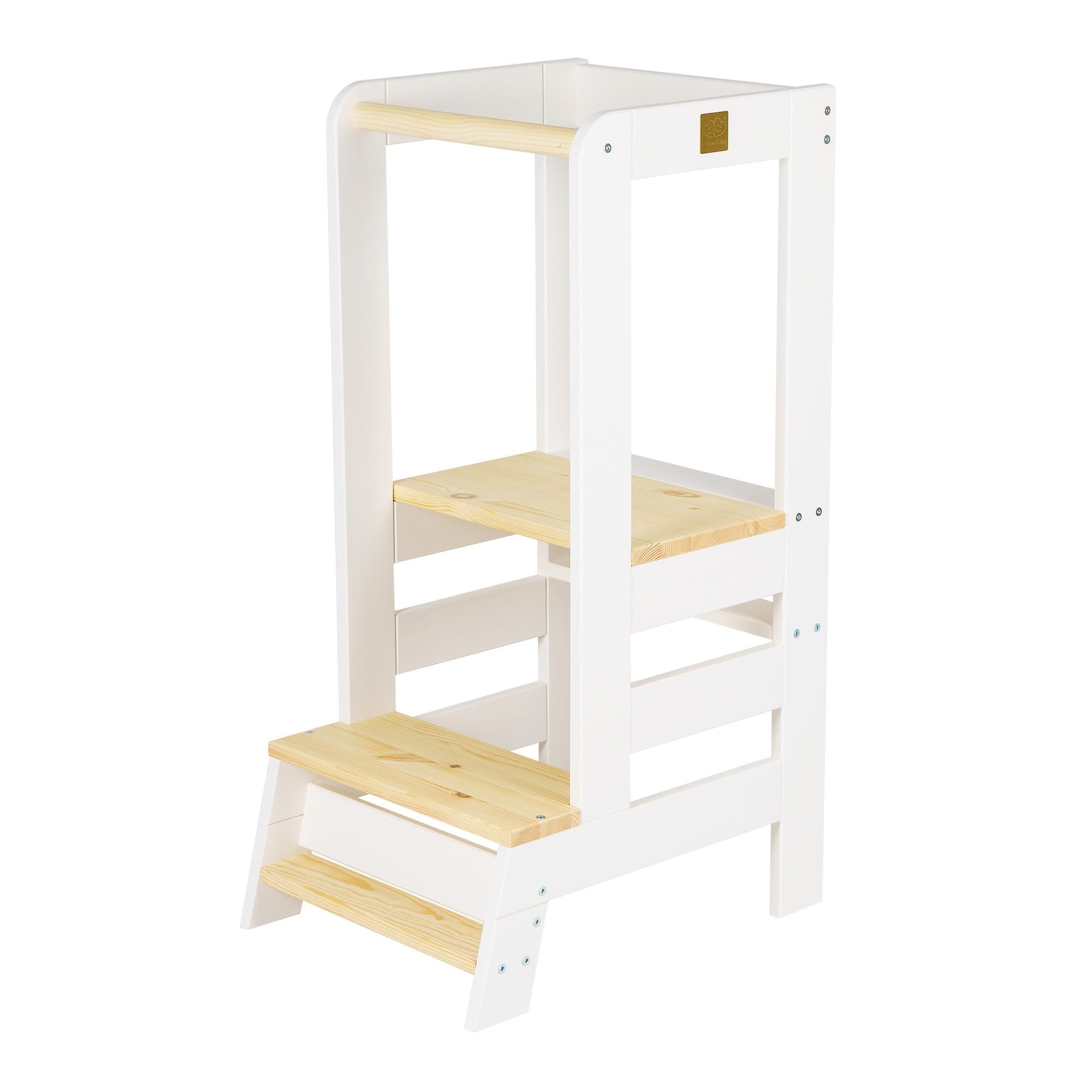 1. MeowBaby wooden kitchen helper for children in white and natural pine wood with adjustable platform, shown in studio setting highlighting stable construction and minimalistic design