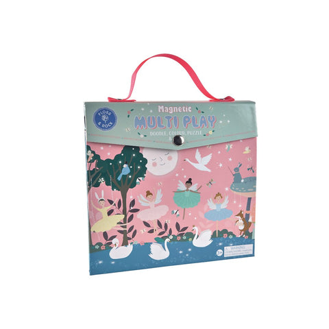 1. Floss & Rock Magnetic Multiplay Scene in enchanted theme with ballerinas and swans on pink background, featuring a carry handle for portability