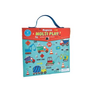 1. Floss & Rock Magnetic Multiplay Scene case with construction site theme, featuring colorful vehicles and tools, with a blue carry handle