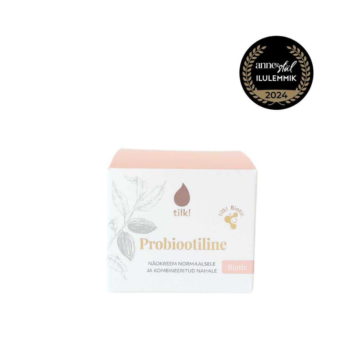 3. Tilk! Probiotic Face Cream packaging box with award badge, studio setting