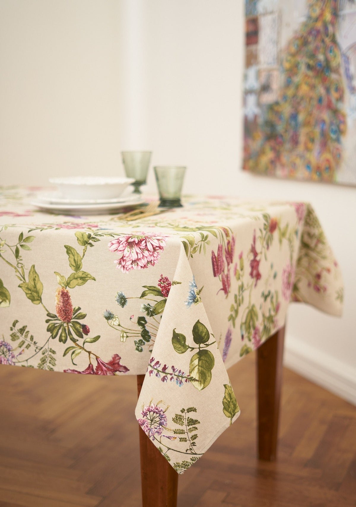1. Botanico rectangular tablecloth by Hortensias Home on dining table, showcasing vibrant floral print in a lifestyle setting