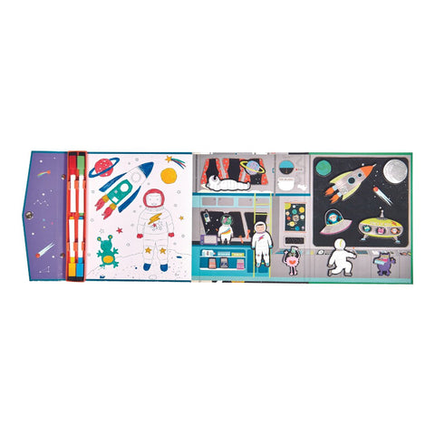 3. Opened Floss & Rock Magnetic Multi Play Scene displaying space-themed doodle and play sections with colorful pens