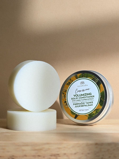 3. Magrada Volumizing Solid Conditioner with linden flower extract, shown in eco-friendly packaging and solid form