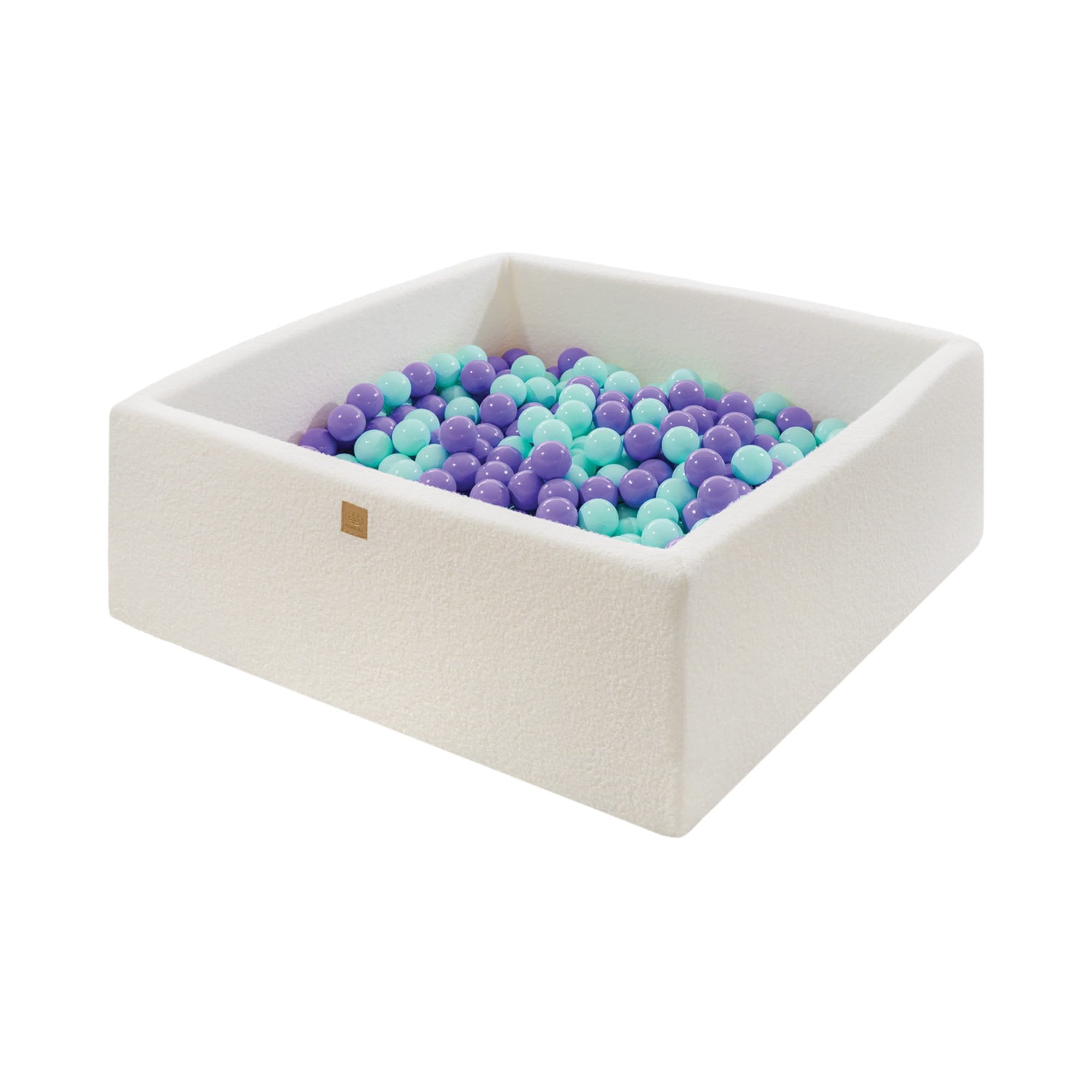 1. MeowBaby white boucle square ball pit filled with purple and mint balls, designed for toddlers, shown in a clean studio setting