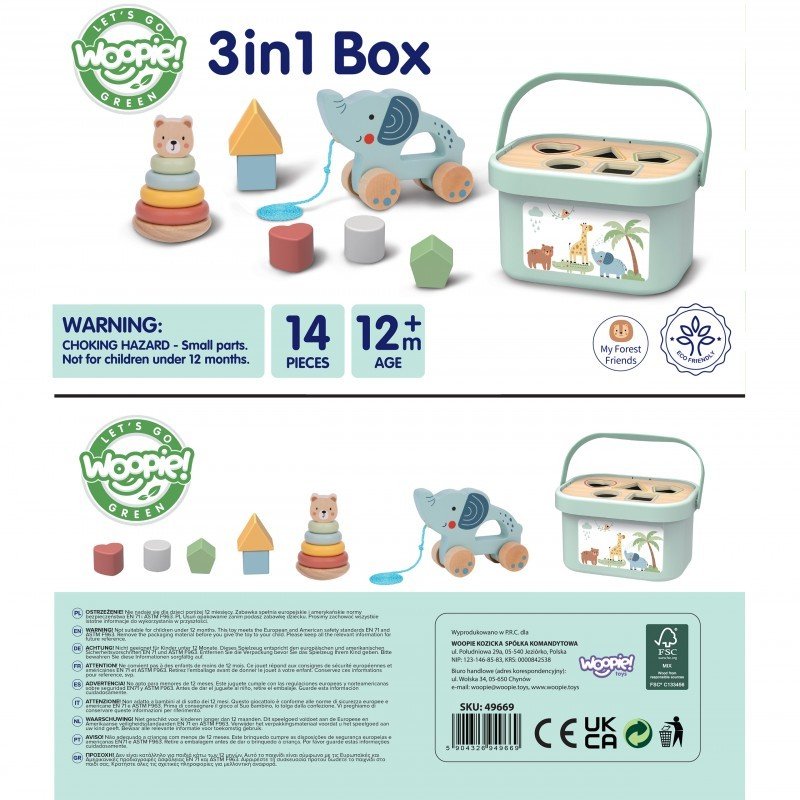 4. Packaging and contents of Woopie Let's Go Green 3in1 toy box set with age and safety information