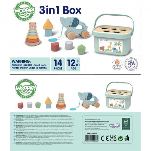4. Packaging and contents of Woopie Let's Go Green 3in1 toy box set with age and safety information