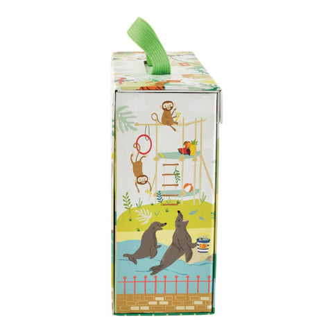 3. Side view of My Zoo playbox showing playful illustrations of monkeys and seals in a zoo setting