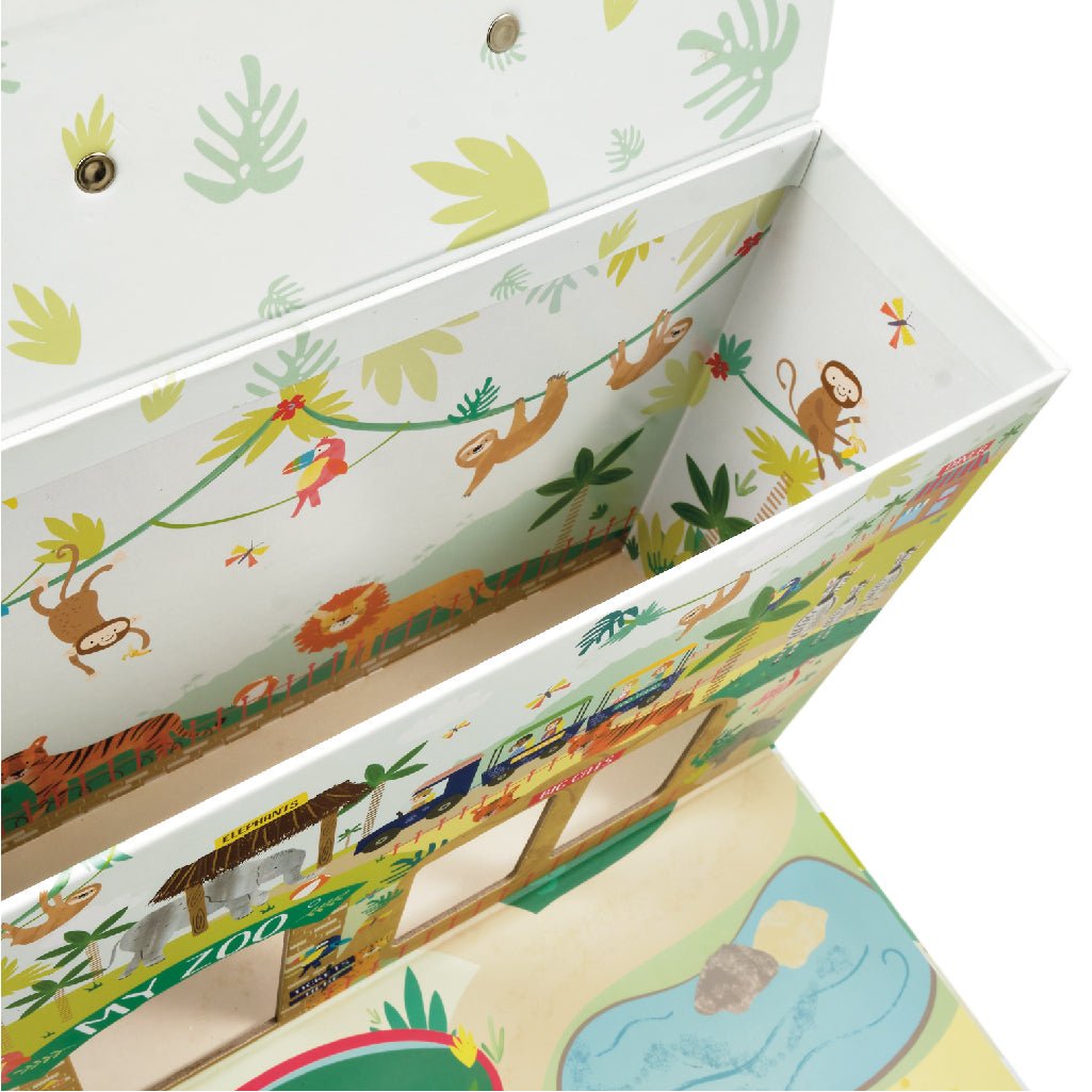 7. Interior of My Zoo playbox with illustrated jungle and zoo scenes, featuring monkeys and a lion