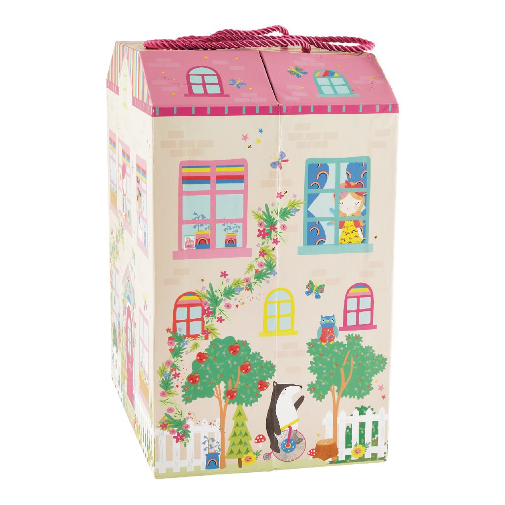 3. Side view of Rainbow Fairy Playbox with colorful illustrations and carry handle