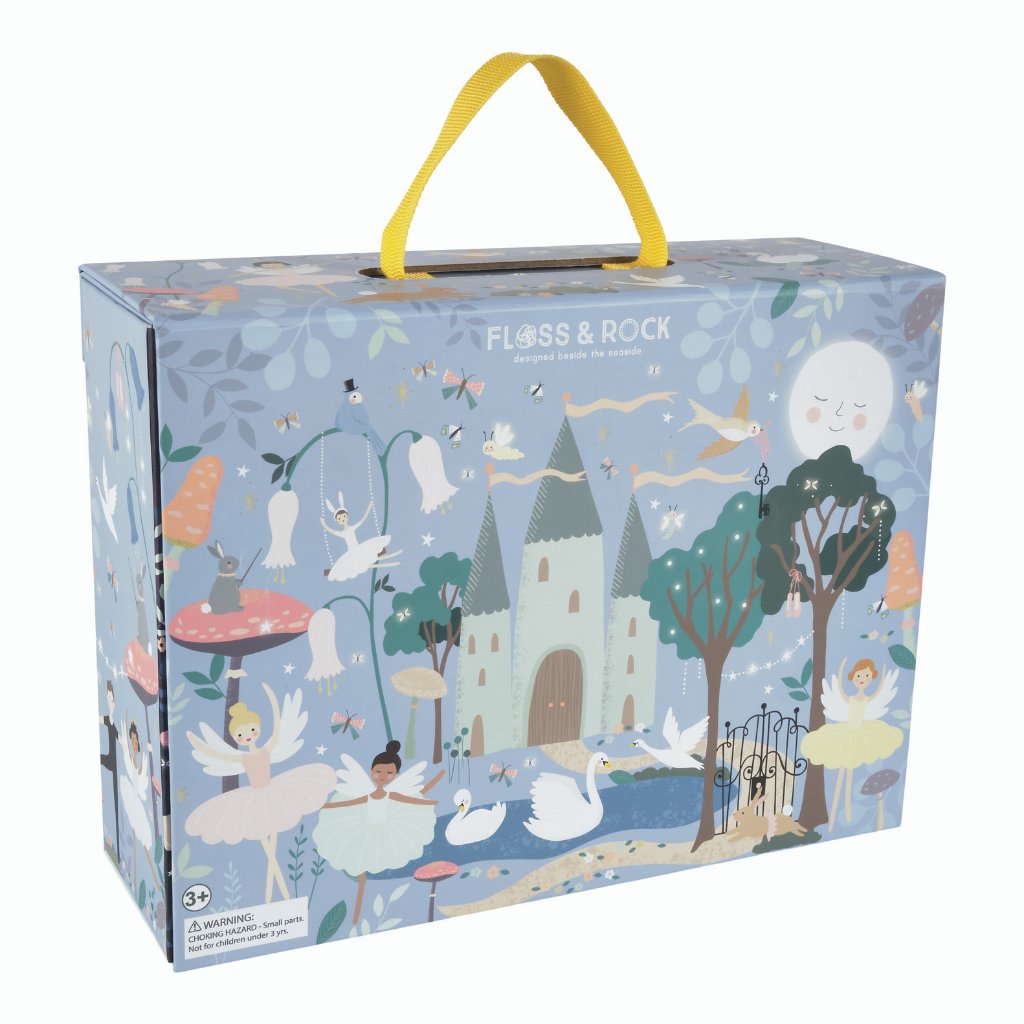 2. Back view of Floss & Rock enchanted playbox with castle and forest illustrations, featuring a yellow carry handle