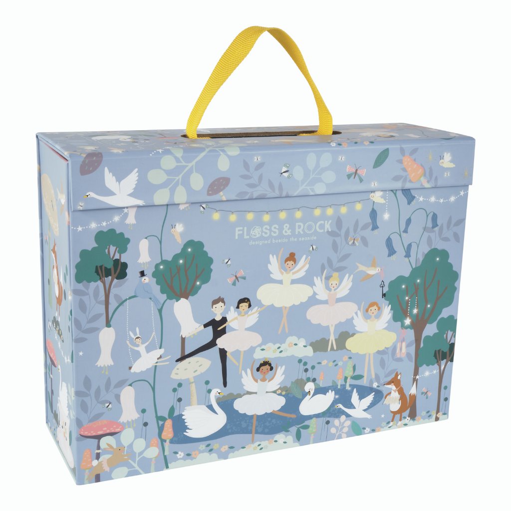 2. Floss & Rock enchanted playbox with colorful illustrations of ballerinas and swans, featuring a yellow carry handle