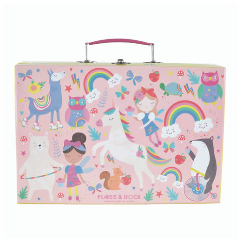 2. Front view of Floss & Rock Rainbow Fairy suitcase featuring colorful illustrations of fairies, rainbows, and animals on a pink background
