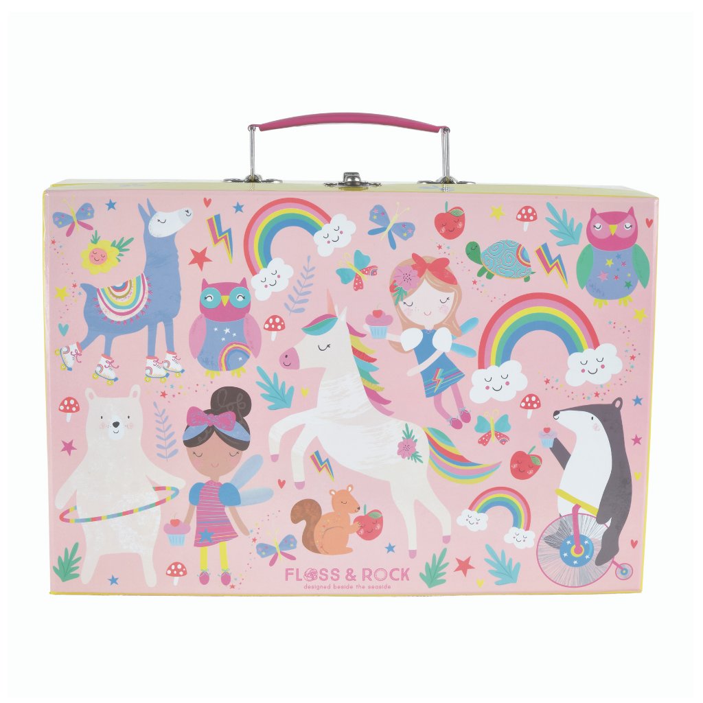 2. Front view of Floss & Rock Rainbow Fairy tea set case with colorful fairy and animal illustrations, pink handle