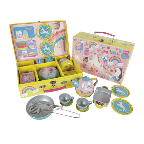 1. Floss & Rock Rainbow Fairy tea set with colorful illustrations, including cups, saucers, plates, and teapot, displayed in an open yellow suitcase with rainbow design