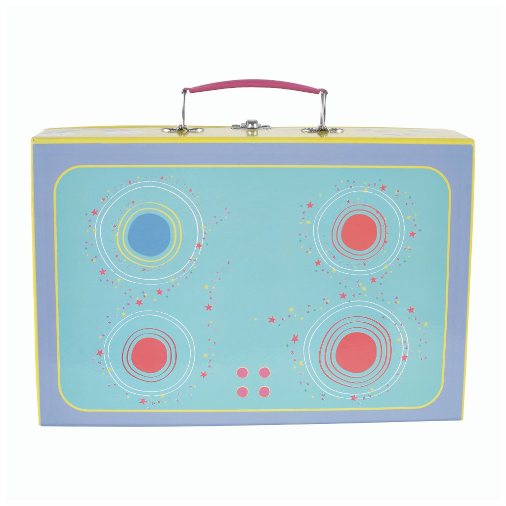 3. Back view of Floss & Rock Rainbow Fairy suitcase with blue and yellow design resembling a stovetop with colorful circles