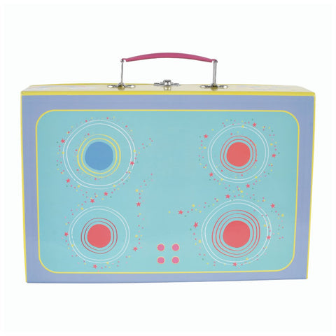 3. Back view of Floss & Rock Rainbow Fairy suitcase with blue and yellow design resembling a stovetop with colorful circles