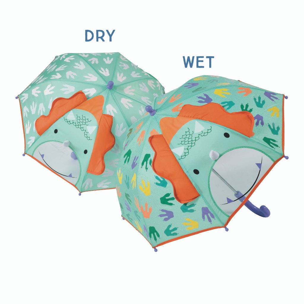 2. Color changing 3D dinosaur umbrella showing dry and wet states with colorful underwater motifs on a white background