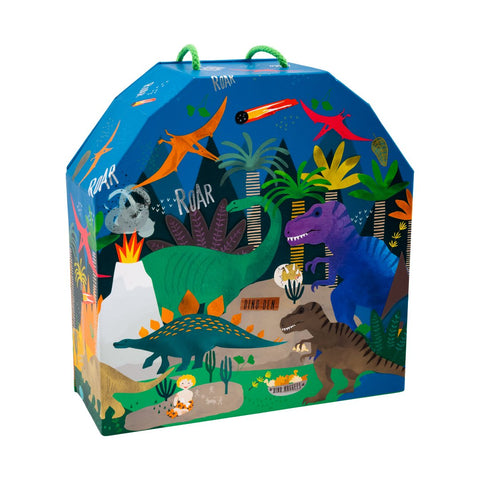4. Back view of dinosaur play box with detailed illustrations of dinosaurs and jungle setting