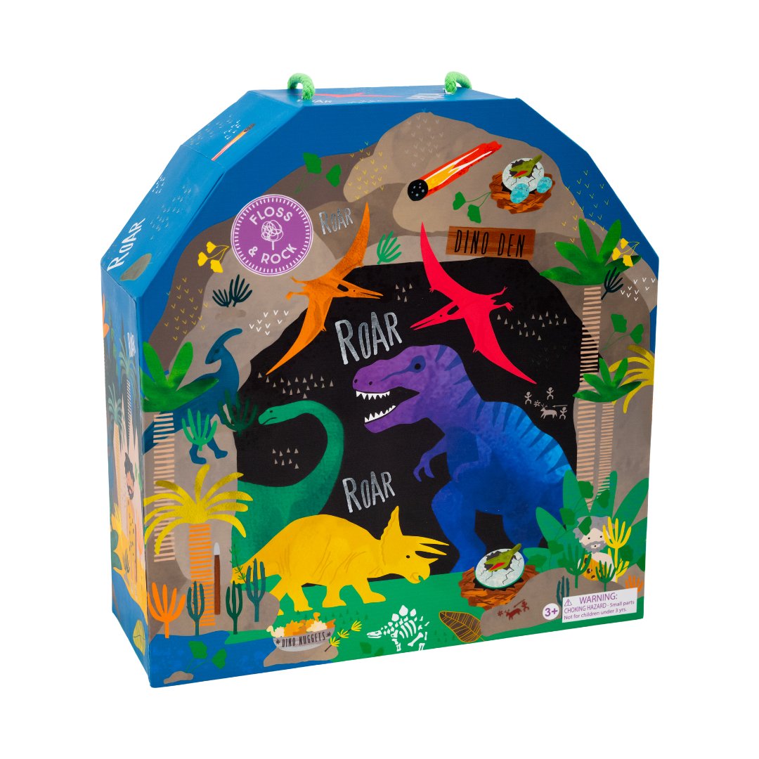 3. Front view of dinosaur play box featuring colorful dinosaurs and jungle graphics with Floss & Rock logo