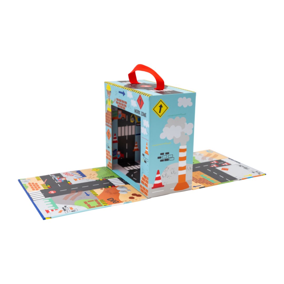 5. Playbox with sides flipped open revealing a play area with roads and construction graphics