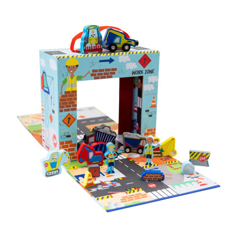 1. Playbox with wooden construction pieces including trucks and diggers on a colorful play area with roads and work zone theme