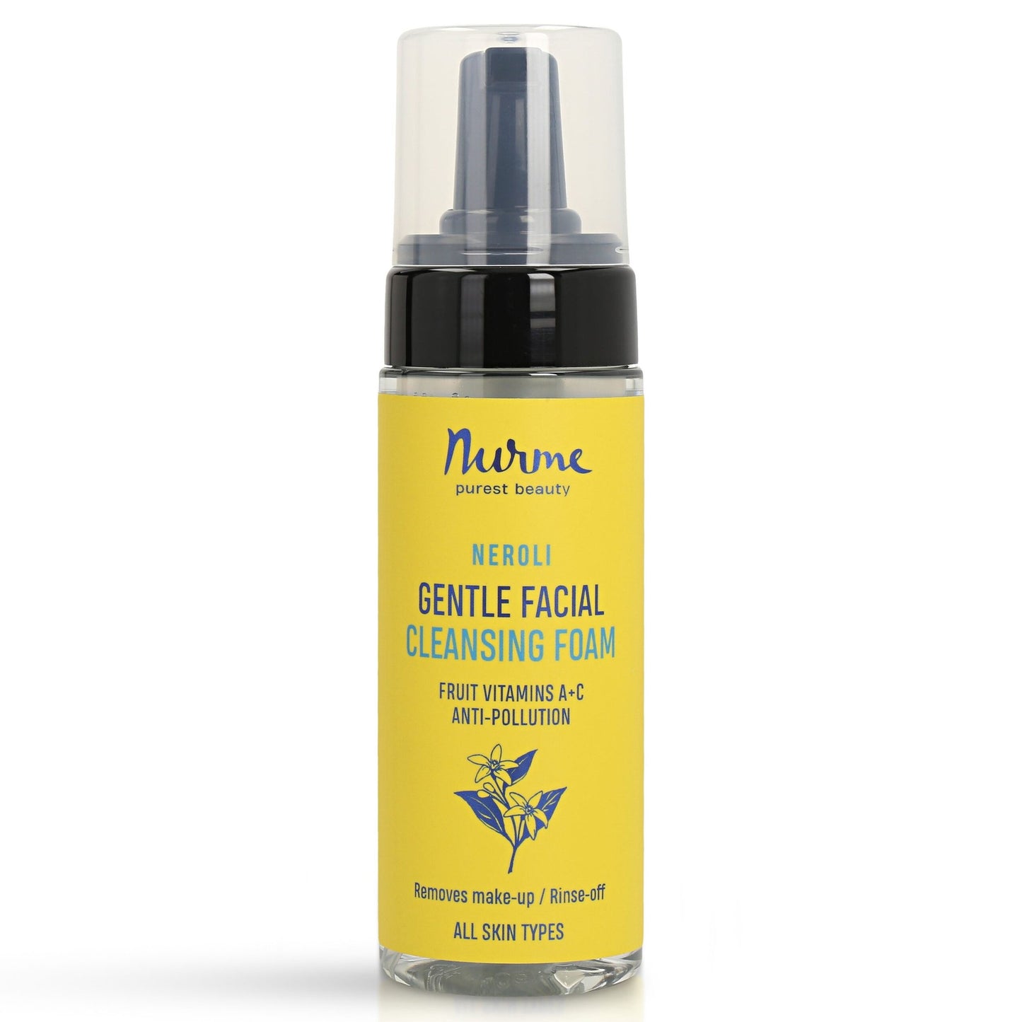 3. Nurme Gentle Neroli Cleansing Foam bottle in studio setting, featuring yellow label and product details