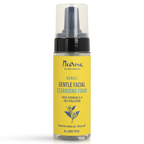 3. Nurme Gentle Neroli Cleansing Foam bottle in studio setting, featuring yellow label and product details