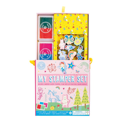 2. Open Floss & Rock My Stamper Set showing ink pads, stampers, and booklet in colorful packaging