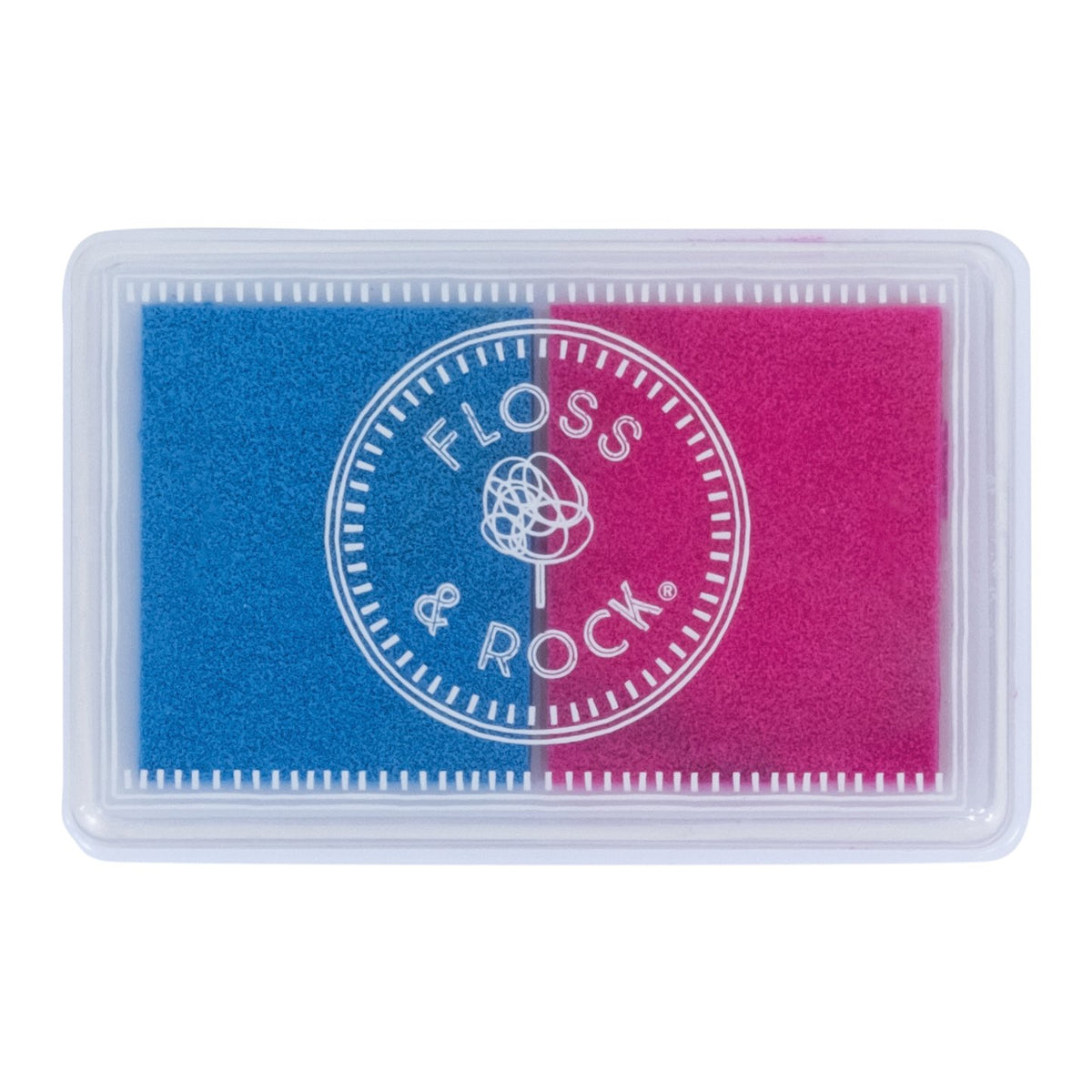 3. Close-up of Floss & Rock blue and pink ink pad with logo on transparent lid
