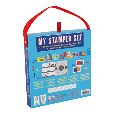 2. Back of My Stampler Set box showing contents and construction theme by Floss & Rock