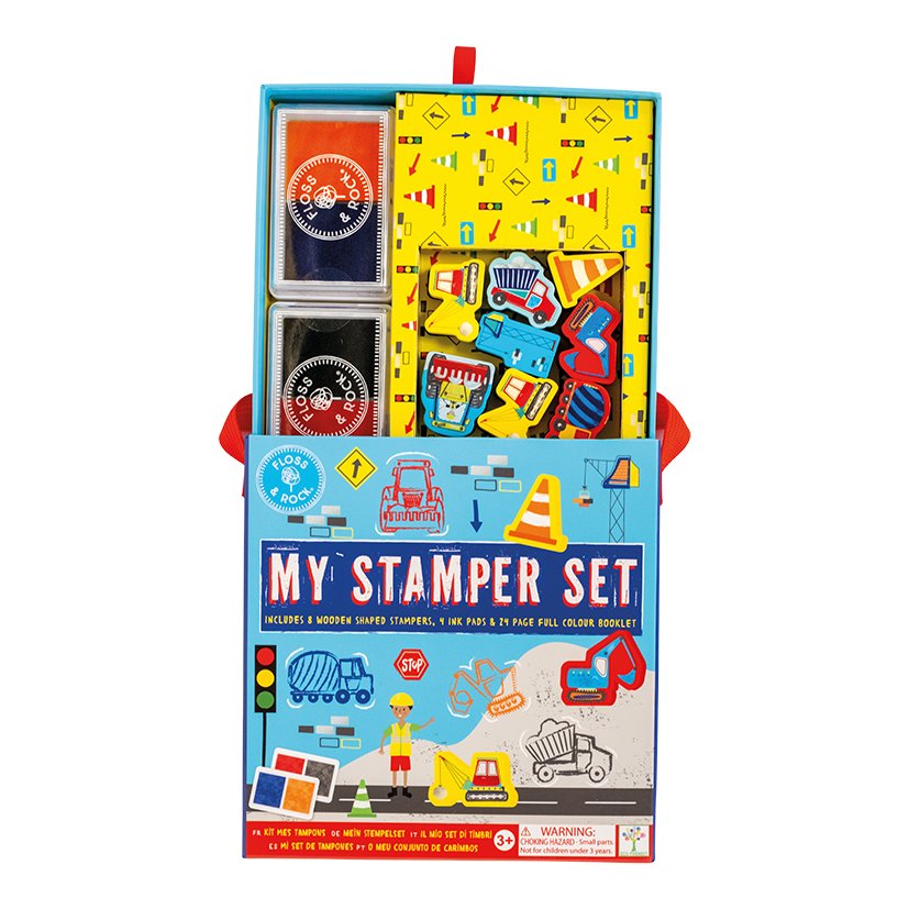 4. Open My Stampler Set box showing stamps, ink pads, and booklet with construction theme