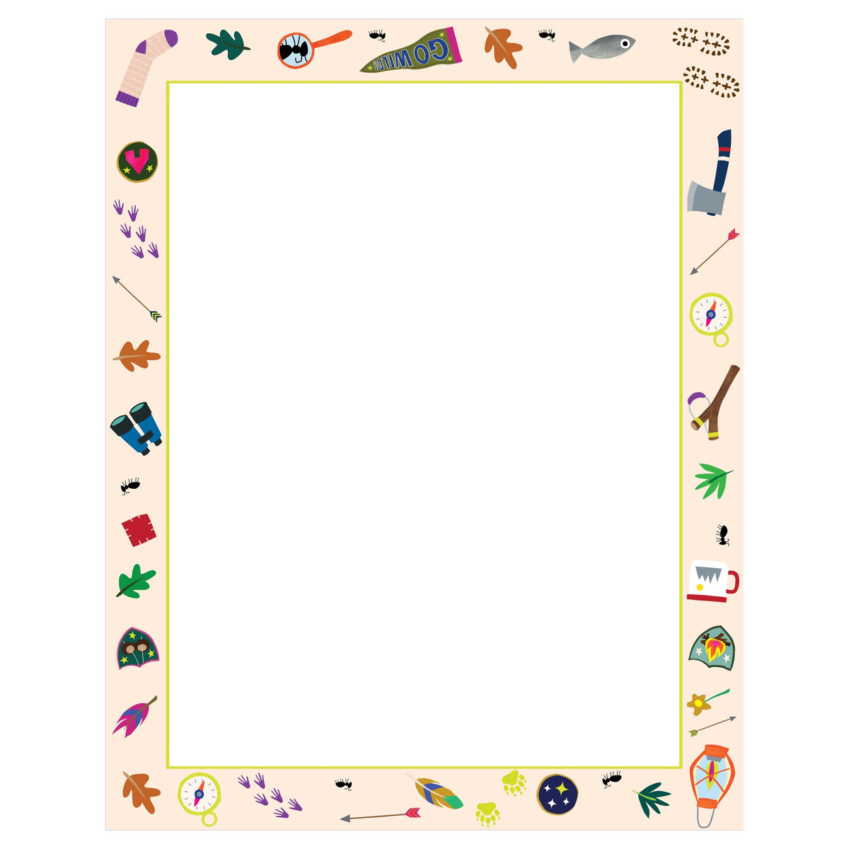 4. Flat lay of blank doodle page with adventure-themed border including binoculars, compass, and leaves