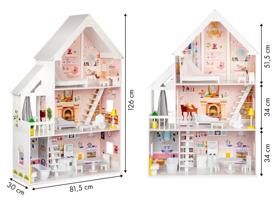 5. Size chart for Gerardo's Toys wooden dollhouse showing dimensions 81.5 x 30 x 126 cm with floor height of 34 cm