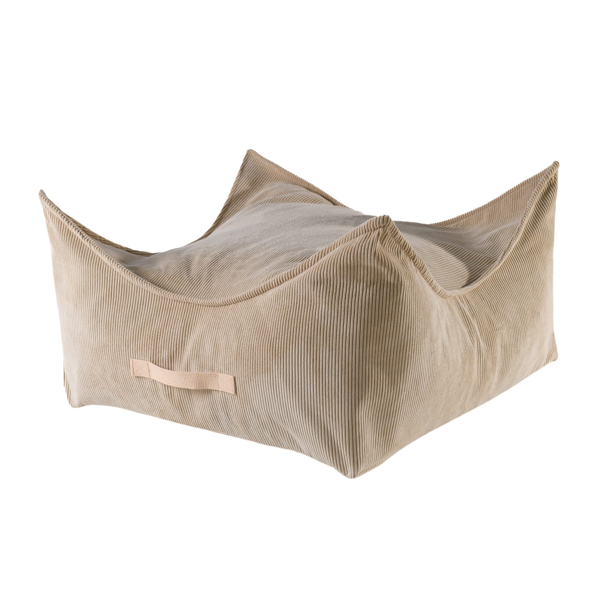 1. Sand-colored square corduroy pouf for children with unique design and handle, shown on white background