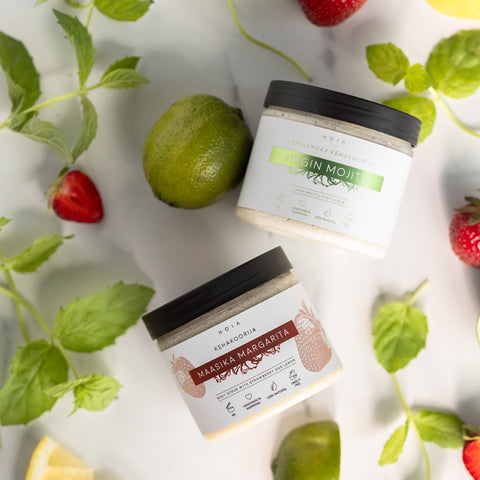 1. HOIA homespa Strawberry Margarita body scrub with strawberry and lemon, shown in a jar with label details