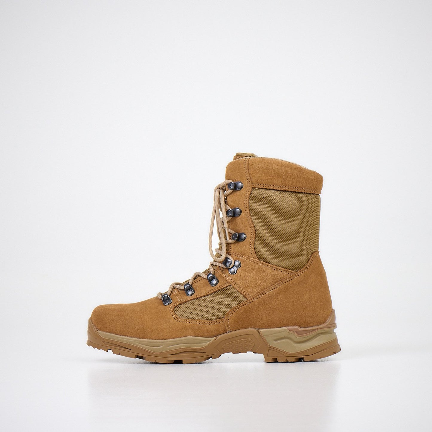 1. Samelin Latvian Army Combat Boots in tan, side view showcasing water-repellent split leather and waterproof textile construction