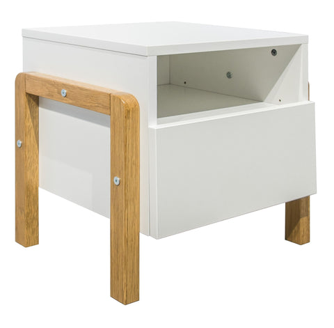 2. Studio shot of Kocot Kids Victor nightstand with white and oak finish, highlighting open and closed shelf design