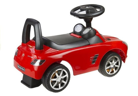 2. Side view of red Milly Mally ride-on Mercedes for kids with black seat and silver wheels
