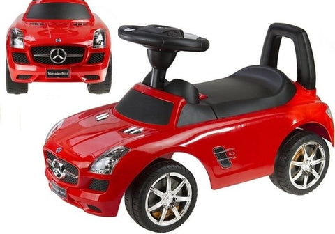 3. Front and side view of red Milly Mally ride-on Mercedes for kids with black steering wheel and silver wheels