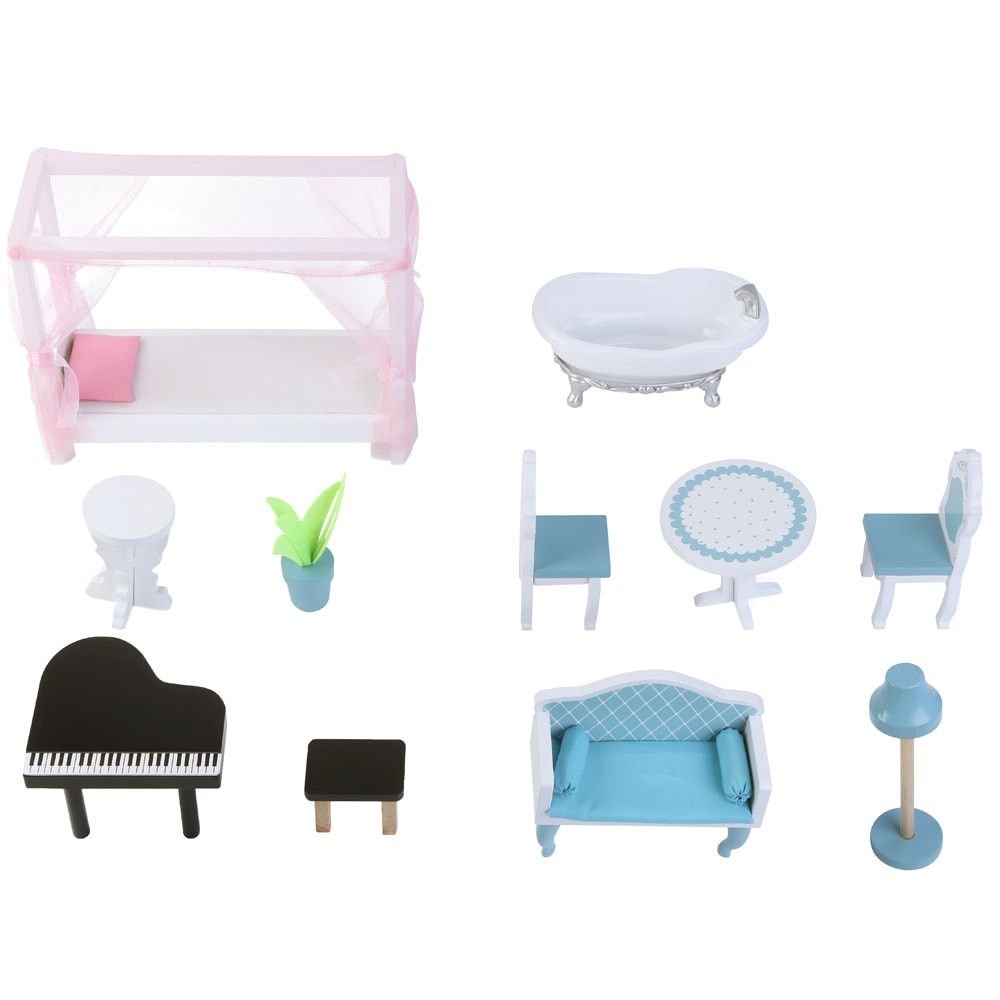 4. Flat lay of 11 wooden furniture pieces including a pink canopy bed, blue sofa, and black piano for the dollhouse