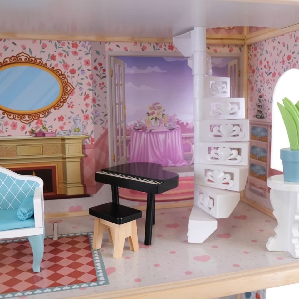 3. Close-up of the dollhouse's second floor with a black piano and floral wallpaper